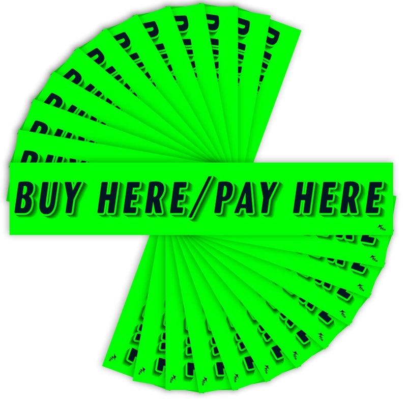 Versa-Tags Chartreuse Green Vinyl Slogan Stickers - 12-Pack for Car Dealer Windshield Advertising, Perfect for Used/New Car Truck RV Lots Slogan-Buy-Here-Pay-Here-Stickers - Image 1